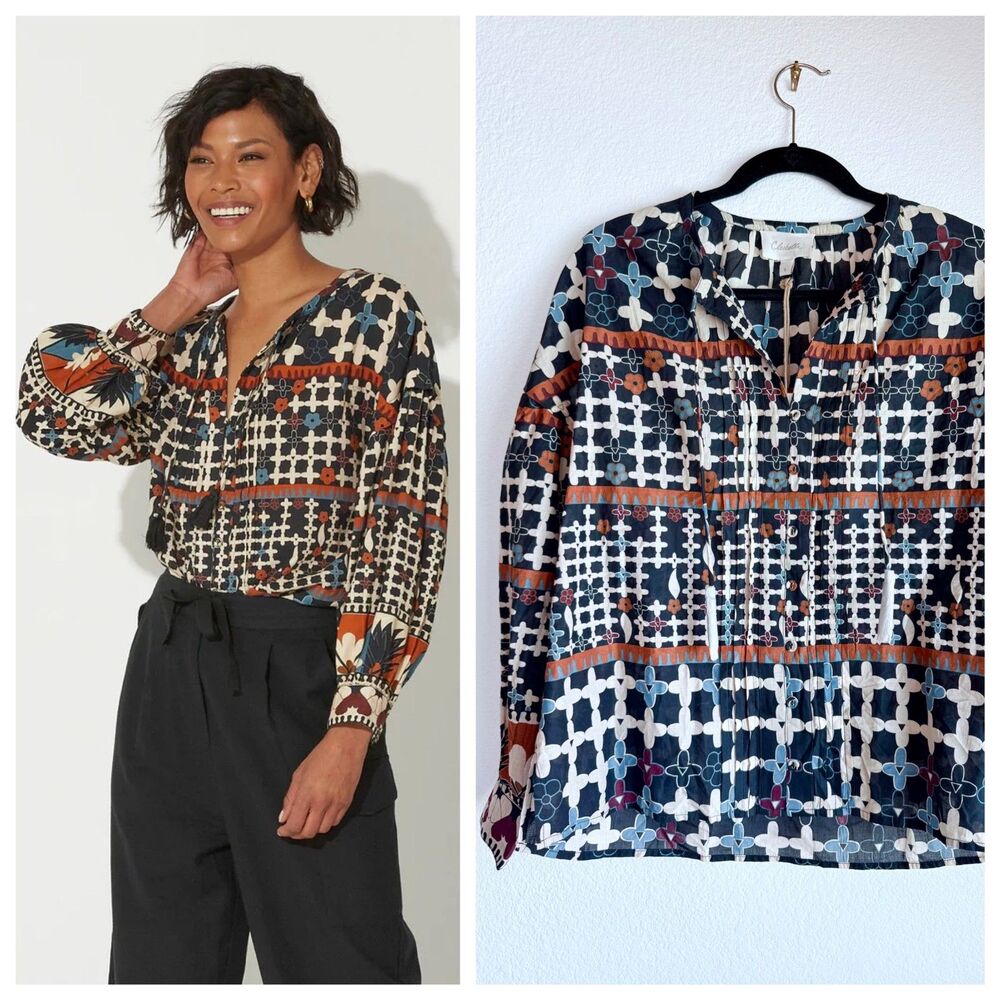 NWT Cleobella Edith Long Sleeve Blouse in Deco Black Blue Orange Cream Size S